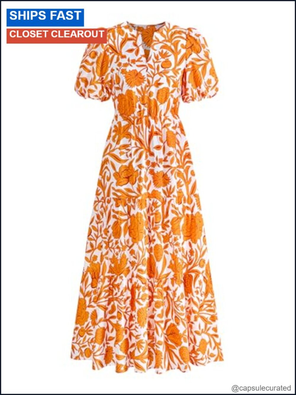 Women's Floral Maxi Dress Puff Sleeve V-Neck Tiered Ruffle A-Line with Pockets